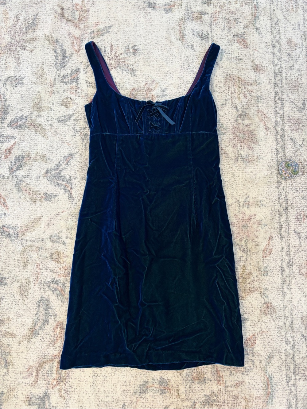 Vintage Nanette Leopore Y2K 90’s Velvet Navy Blue Slip Dress with Lace-Up Bodice